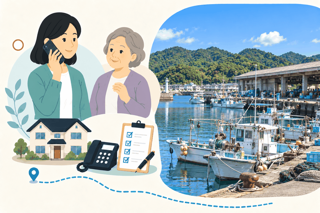 離れて暮らす家族と親、電話、確認表を描いた案内イラスト