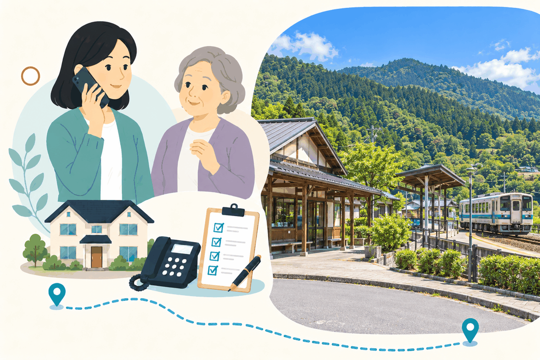 離れて暮らす家族と親、電話、確認表を描いた案内イラスト