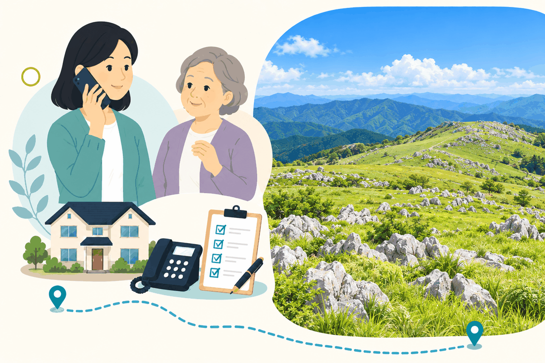 離れて暮らす家族と親、電話、確認表を描いた案内イラスト