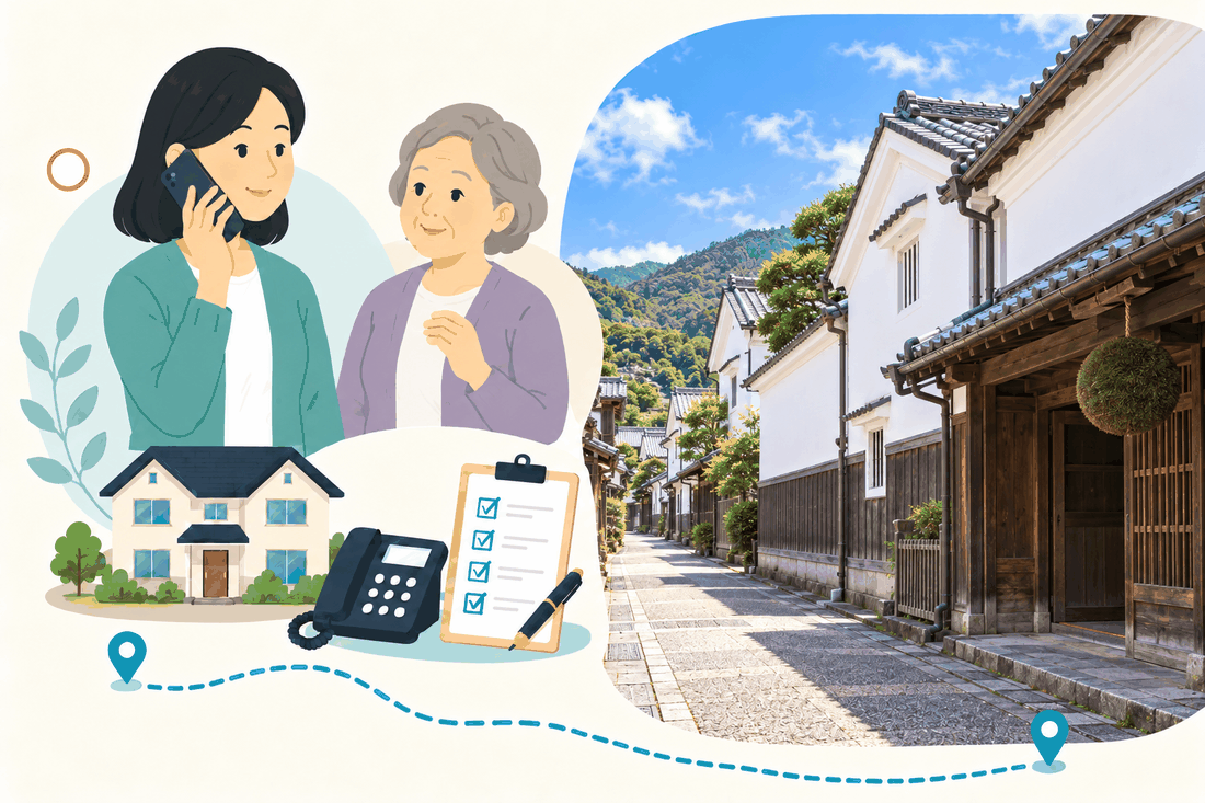 離れて暮らす家族と親、電話、確認表を描いた案内イラスト