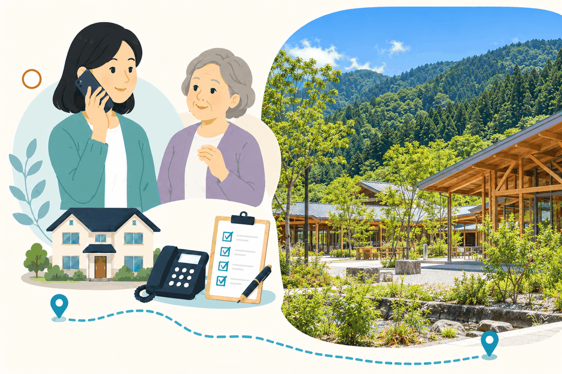 離れて暮らす家族と親、電話、確認表を描いた案内イラスト