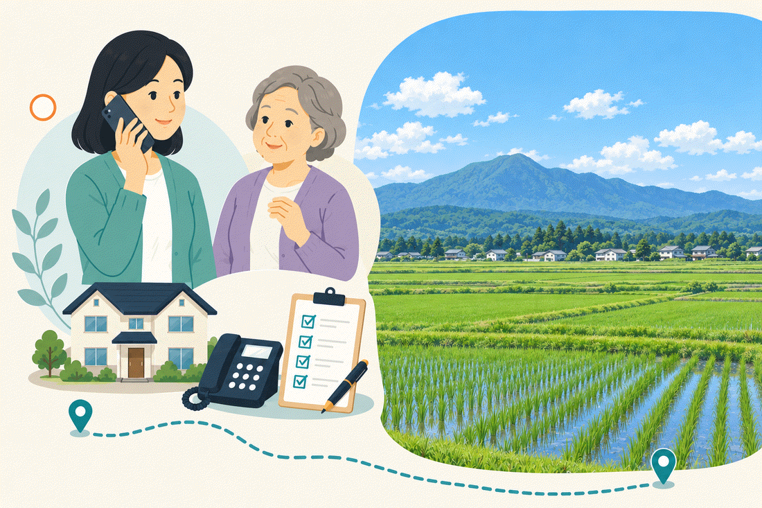 電話で相談する家族と親、住まい・固定電話・確認表と、山を背にした、苗が植わる水田と集落を描いた案内イラスト