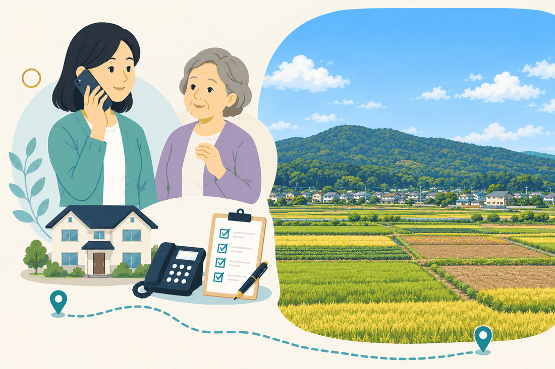 電話で相談する家族と親、住まい・固定電話・確認表と、青空の下の緑の山と、ふもとの田畑と家並みを描いた案内イラスト