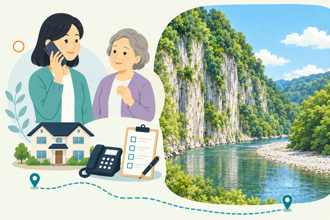 電話で相談する家族と親、住まい・固定電話・確認表と、川沿いにそそり立つ白っぽい岩壁と、緑の木々、澄んだ流れを描いた案内イラスト