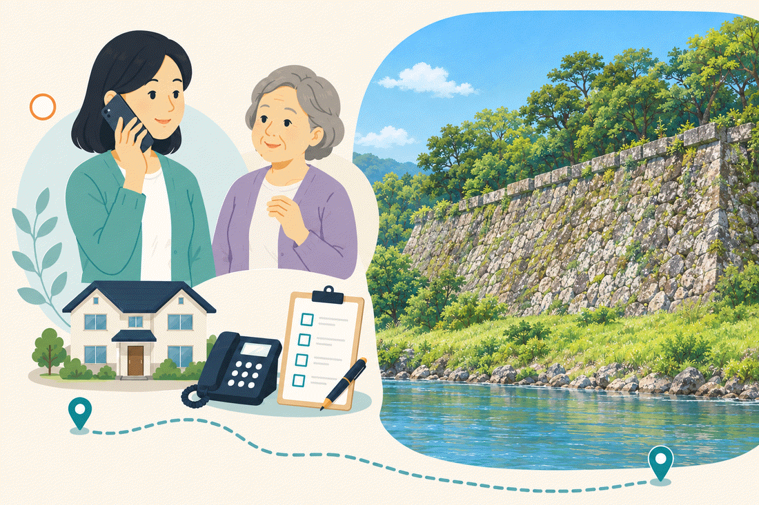 電話で相談する家族と親、住まい・固定電話・確認表と、川沿いの苔むした高い石垣と、その下を流れる青い川を描いた案内イラスト
