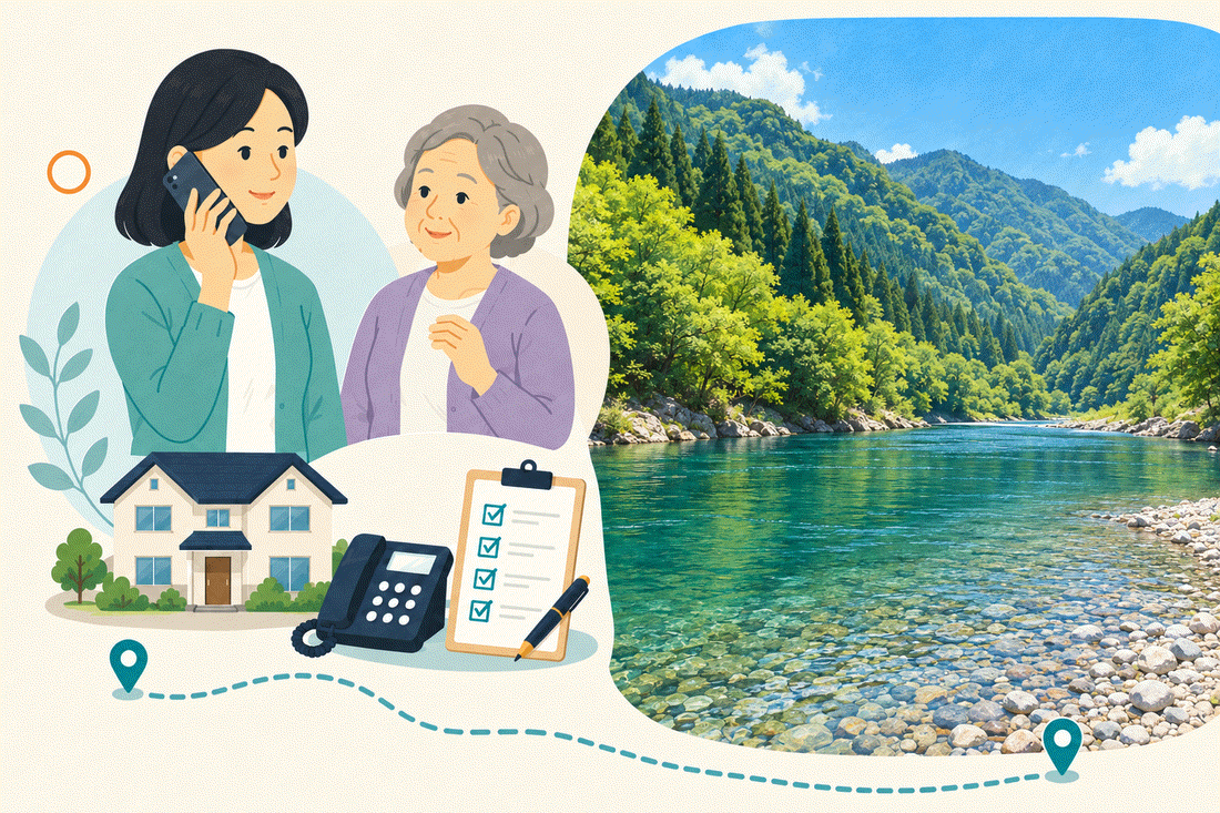 電話で相談する家族と親、住まい・固定電話・確認表と、深い山あいの谷を流れる、緑がかった澄んだ川を描いた案内イラスト