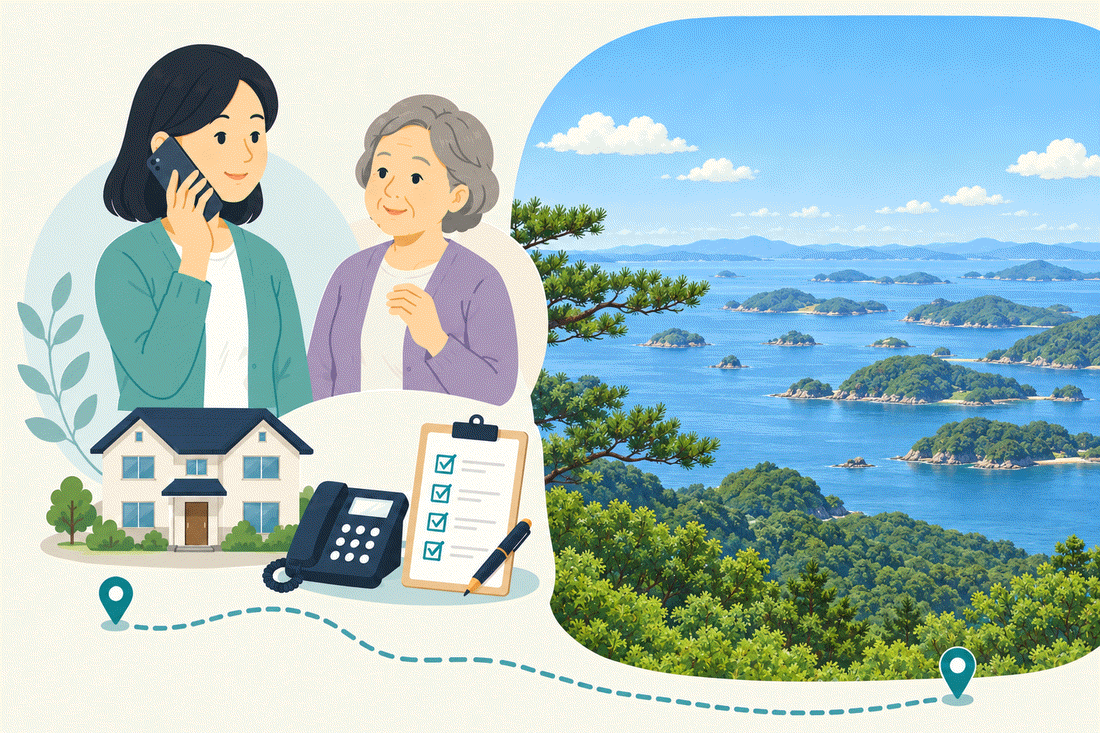 電話で相談する家族と親、住まい・固定電話・確認表と、松の枝ごしに見渡す、青い海に点在する緑の島々を描いた案内イラスト