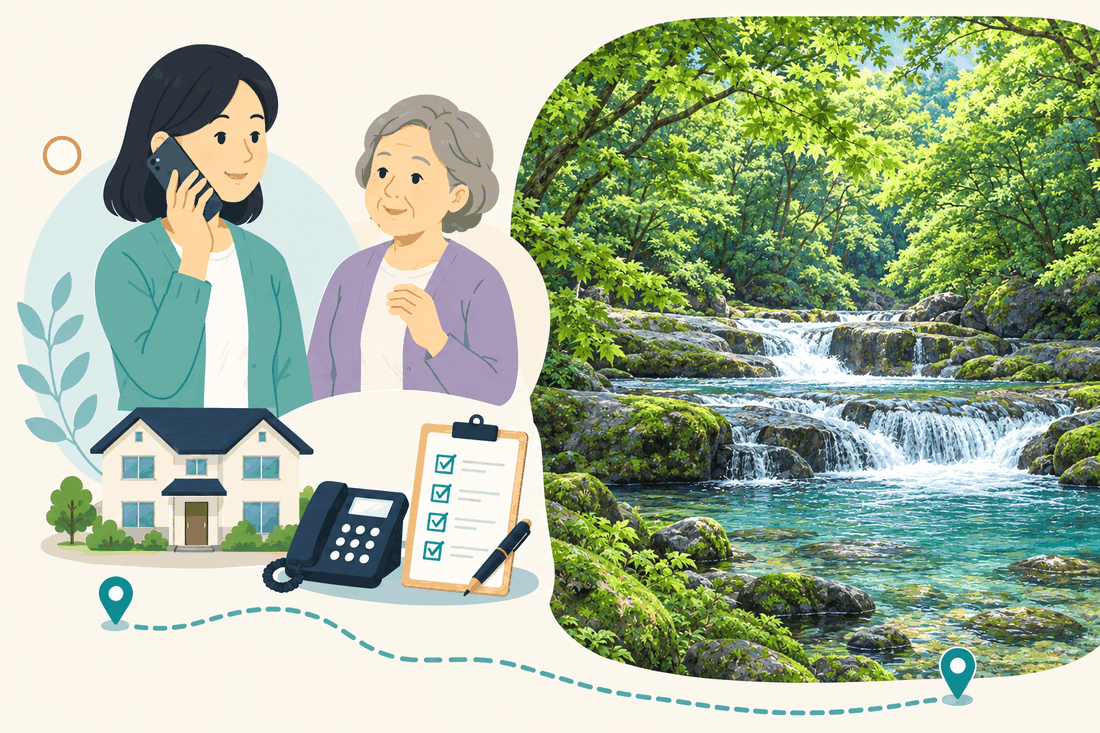 電話で相談する家族と親、住まい・固定電話・確認表と、苔むした岩の間を流れる澄んだ渓流と、新緑の木々を描いた案内イラスト