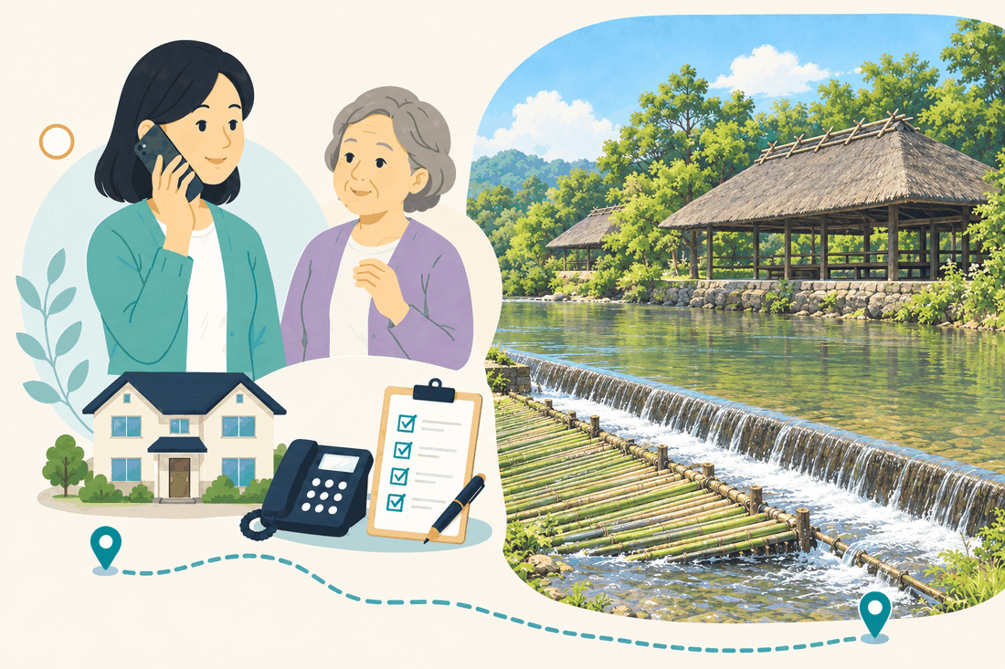 電話で相談する家族と親、住まい・固定電話・確認表と、竹を組んだすのこで水をせき止める川と、茅ぶき屋根の東屋を描いた案内イラスト