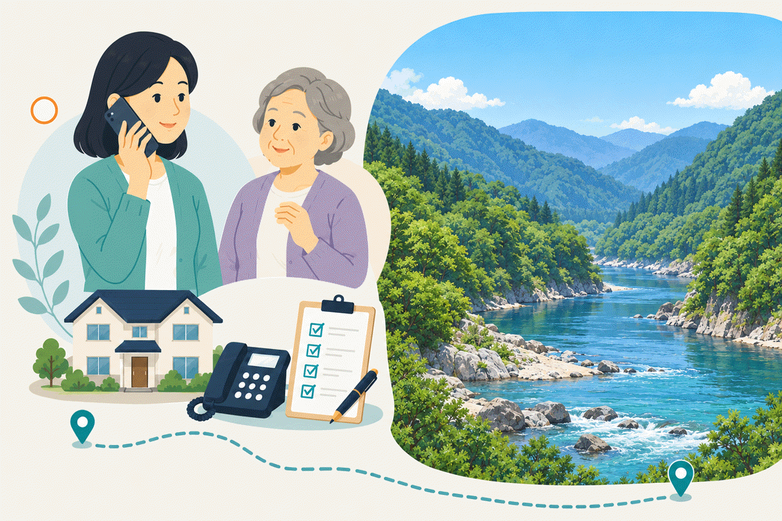 電話で相談する家族と親、住まい・固定電話・確認表と、岩のあいだを白波をたてて流れる、山あいの青い川を描いた案内イラスト
