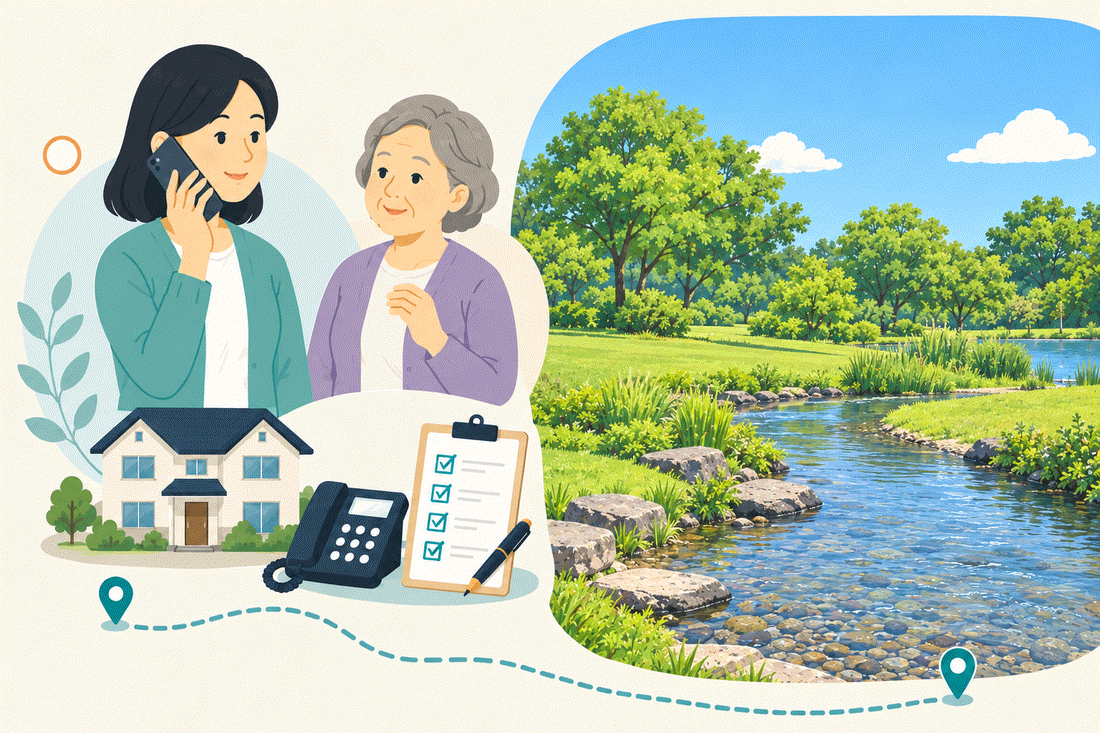 電話で相談する家族と親、住まい・固定電話・確認表と、木々と芝生の間を流れる浅い清流を描いた案内イラスト