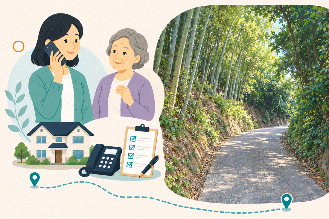 電話で相談する家族と親、住まい・固定電話・確認表と、竹林に沿って曲がる舗装の坂道を描いた案内イラスト