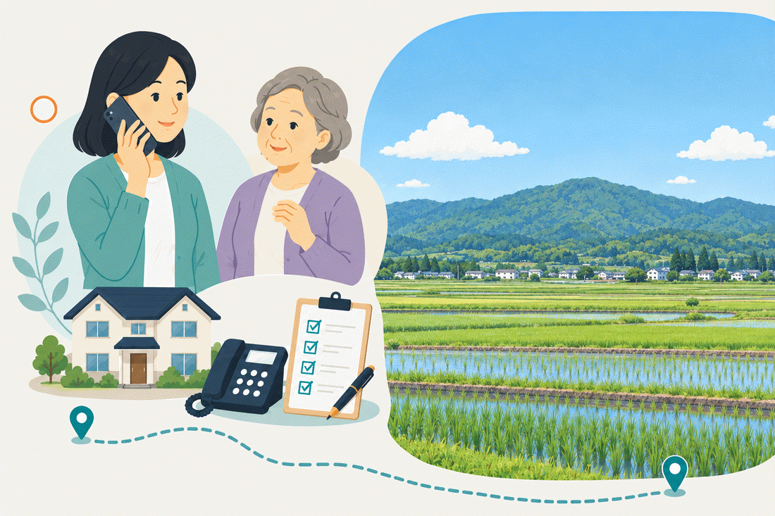電話で相談する家族と親、住まい・固定電話・確認表と、水を張った田んぼの向こうに見える山並みと集落を描いた案内イラスト