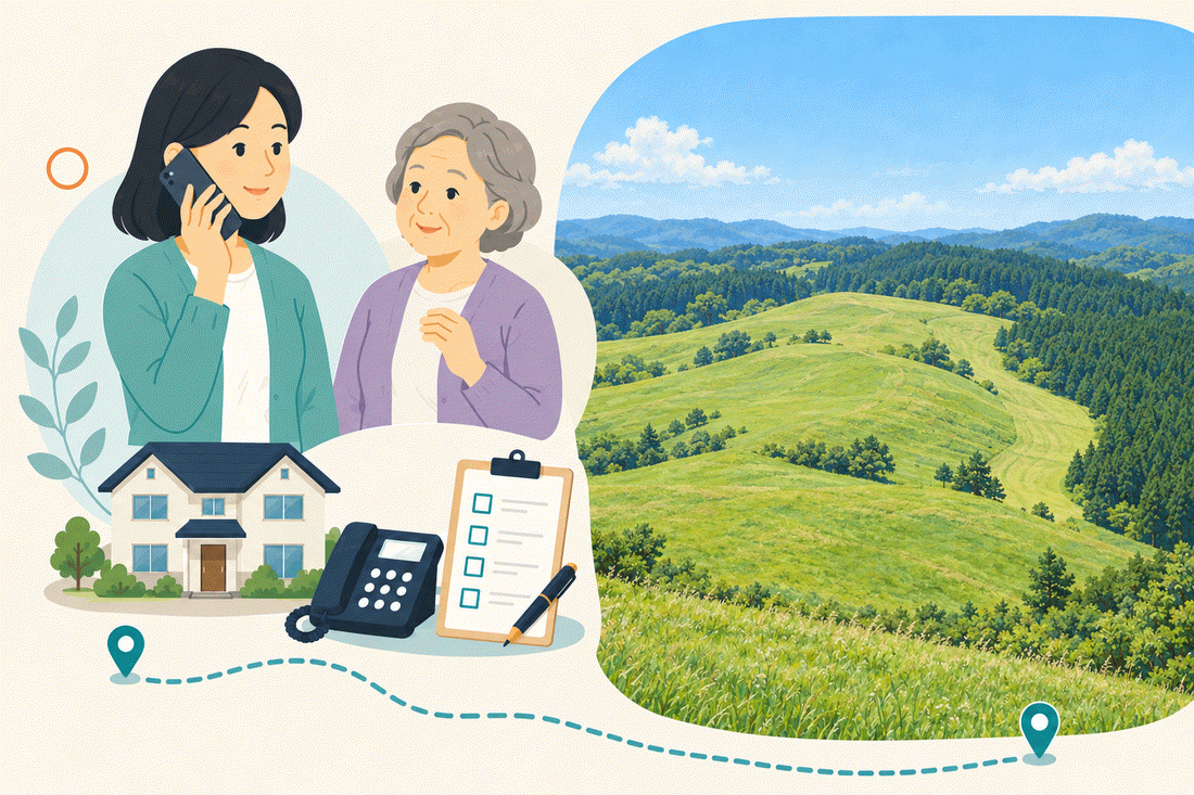 電話で相談する家族と親、住まい・固定電話・確認表と、草地のなだらかな丘と、まわりを囲む樹林を描いた案内イラスト