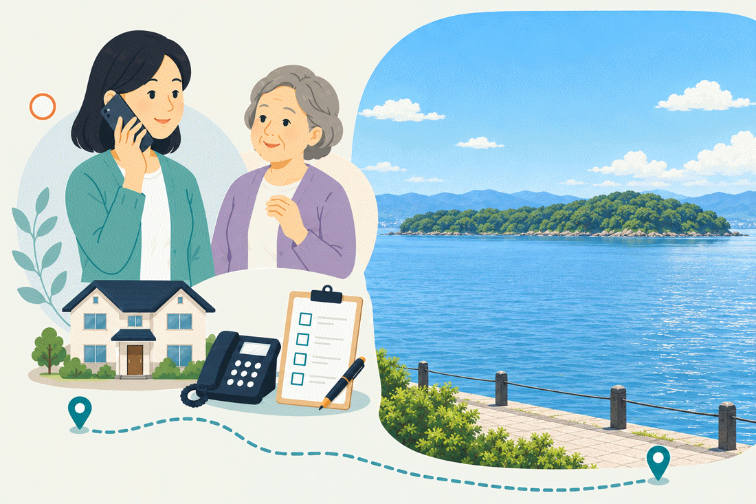 電話で相談する家族と親、住まい・固定電話・確認表と、海に浮かぶ緑の小島と、石畳の遊歩道、手すりの鎖を描いた案内イラスト