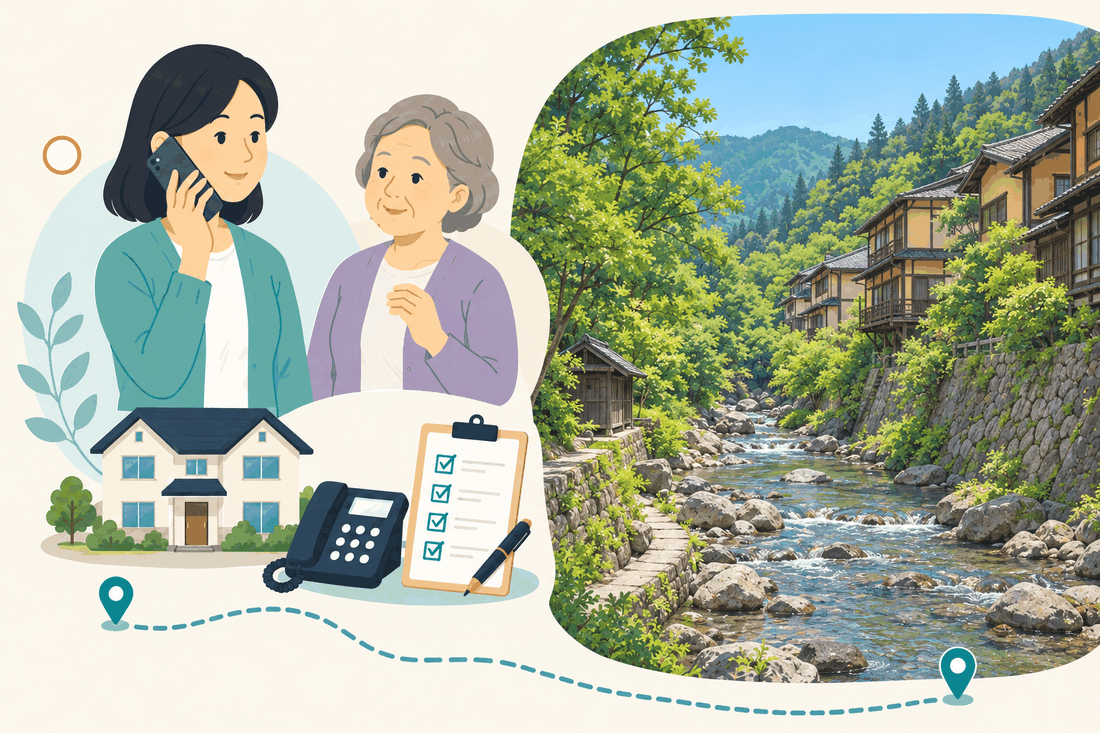 電話で相談する家族と親、住まい・固定電話・確認表と、渓流の岸の石積みと、木造の旅館が並ぶ温泉街を描いた案内イラスト