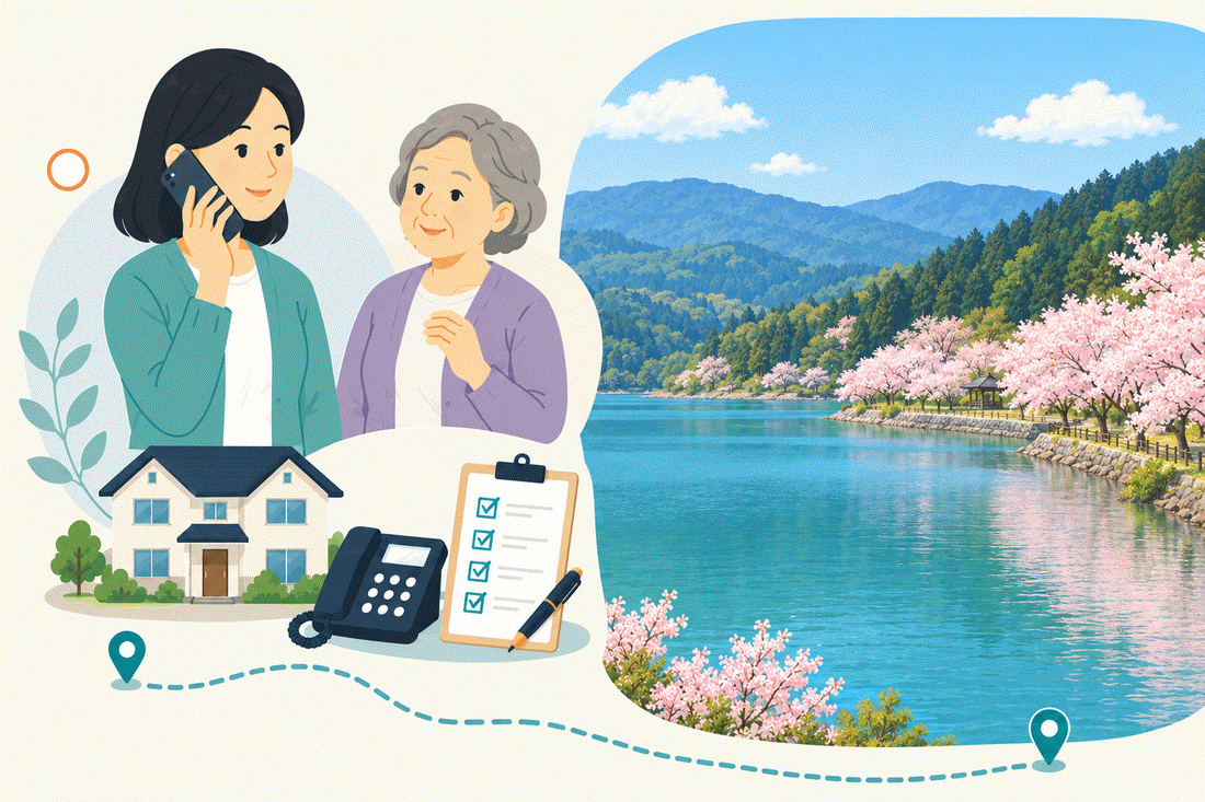 電話で相談する家族と親、住まい・固定電話・確認表と、山あいの湖と、岸に咲く満開の桜を描いた案内イラスト