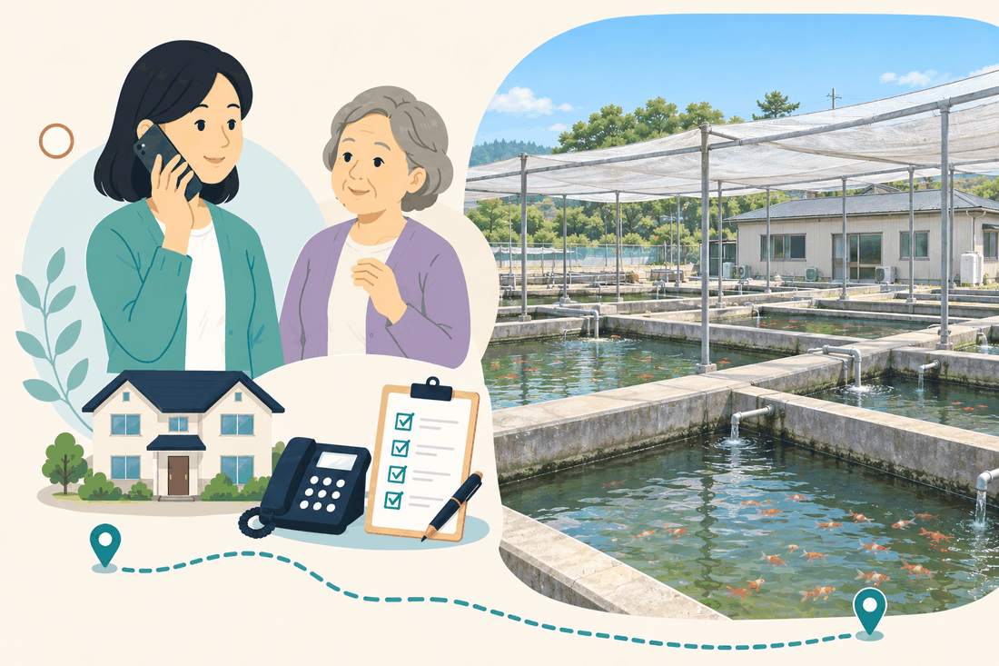 電話で相談する家族と親、住まい・固定電話・確認表と、日よけの網がかかったコンクリートの養魚池で、赤い金魚が泳ぐ様子を描いた案内イラスト