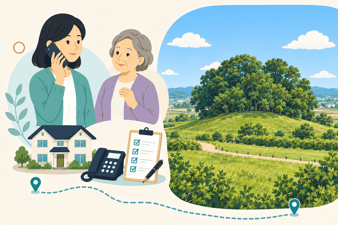 電話で相談する家族と親、住まい・固定電話・確認表と、木々に覆われた丸い墳丘と、草地の中の園路を描いた案内イラスト