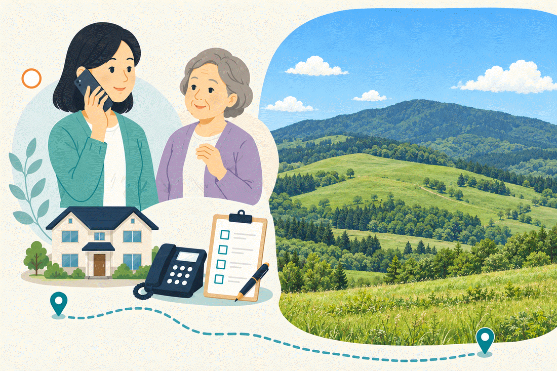 電話で相談する家族と親、住まい・固定電話・確認表と、なだらかな緑の山並みと、草原、林を描いた案内イラスト