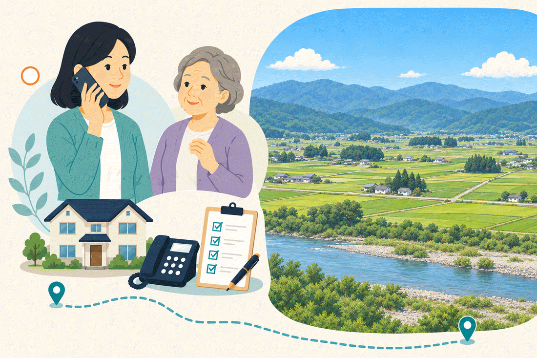 電話で相談する家族と親、住まい・固定電話・確認表と、山並みの手前に広がる水田と集落、手前を流れる川を描いた案内イラスト