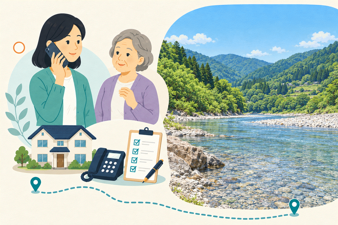 電話で相談する家族と親、住まい・固定電話・確認表と、山あいの谷を流れる、底の石が透けて見える浅い川を描いた案内イラスト