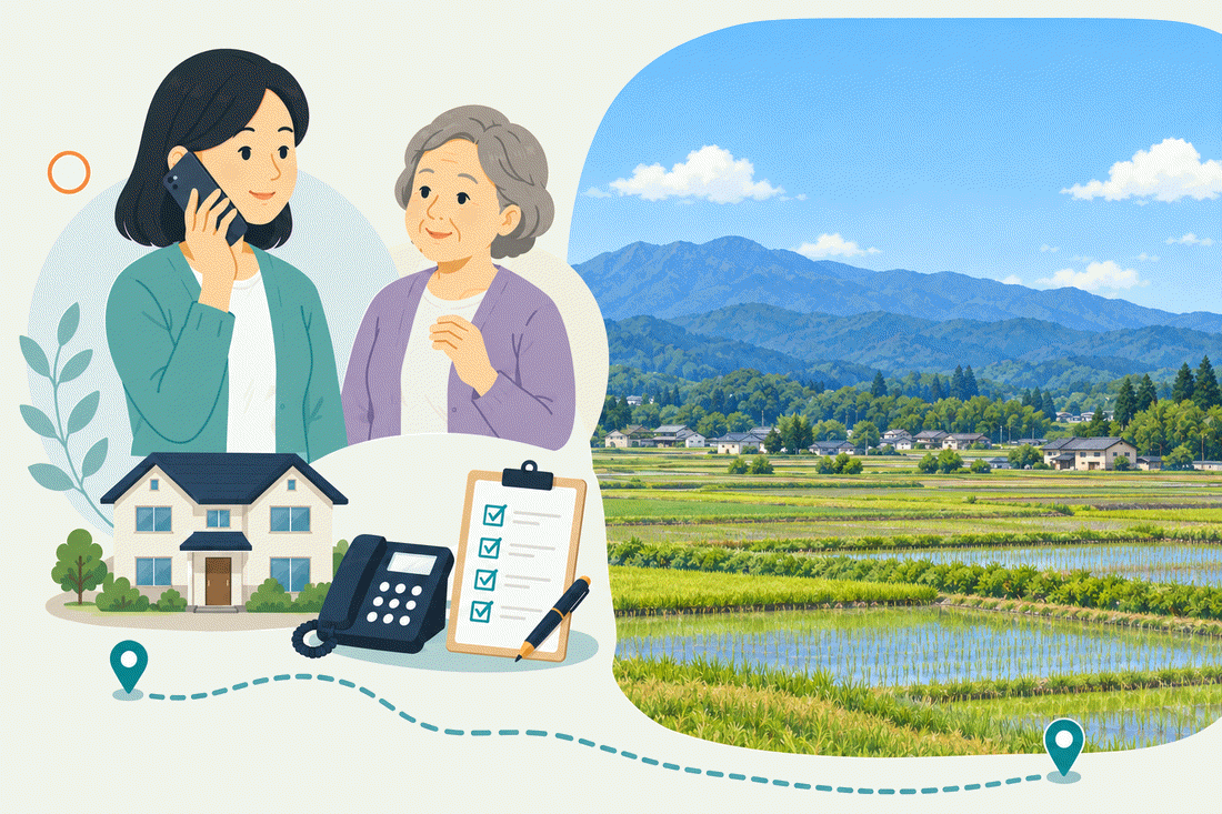 電話で相談する家族と親、住まい・固定電話・確認表と、山を背にした、水を張った田んぼと集落を描いた案内イラスト