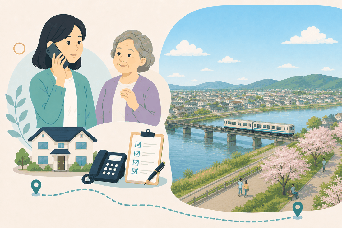 離れて暮らす娘と親、電話、確認表、阿賀・広・仁方・郷原の風景を描いた呉市阿賀・広・仁方・郷原版の案内イラスト