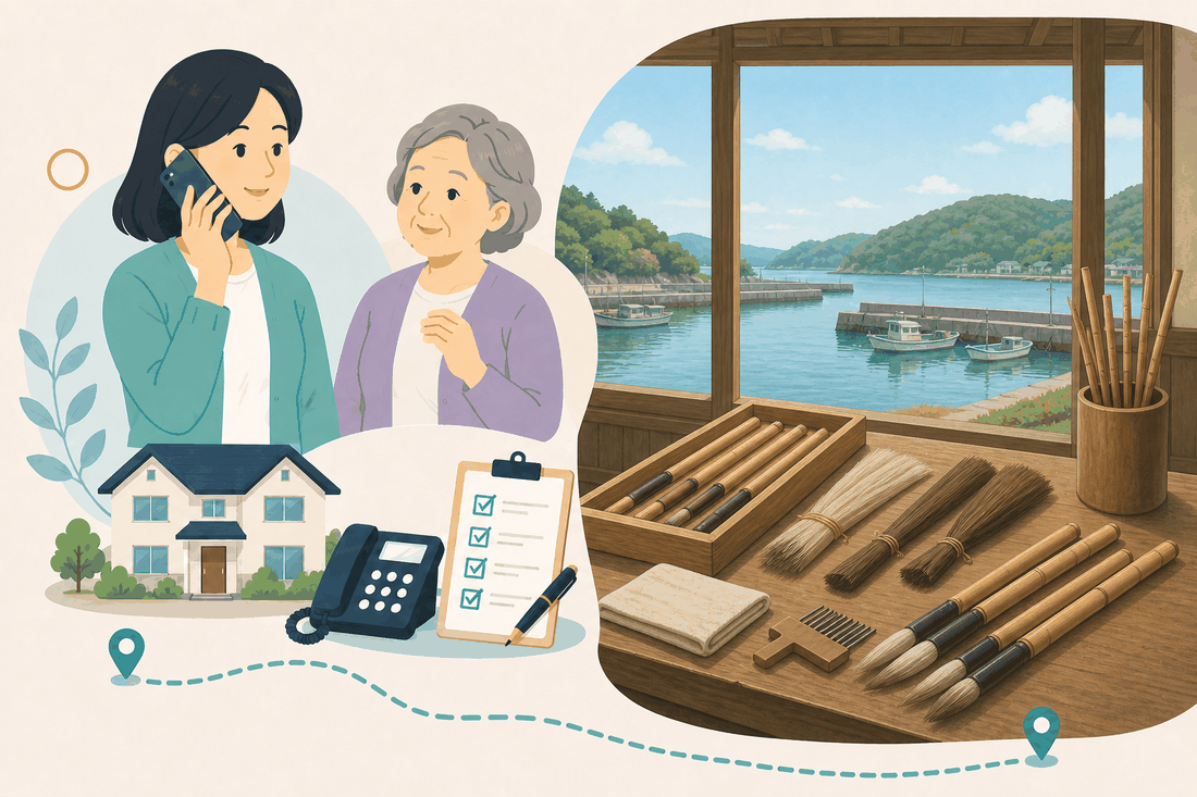 離れて暮らす娘と親、電話、確認表、川尻・安浦の風景を描いた呉市川尻・安浦版の案内イラスト