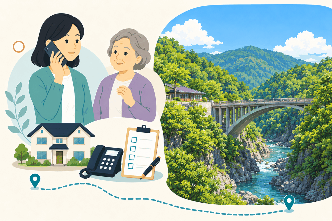 電話で相談する家族と親、住まい・固定電話・確認表と、深い緑の渓谷に架かる石造りのアーチ橋と清流を描いた案内イラスト