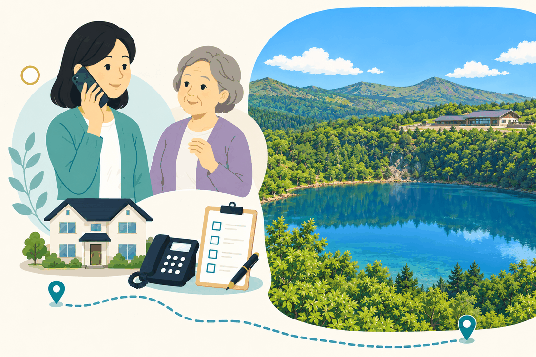 電話で相談する家族と親、住まい・固定電話・確認表と、緑の山に囲まれた青い湖と湖畔の建物を描いた案内イラスト