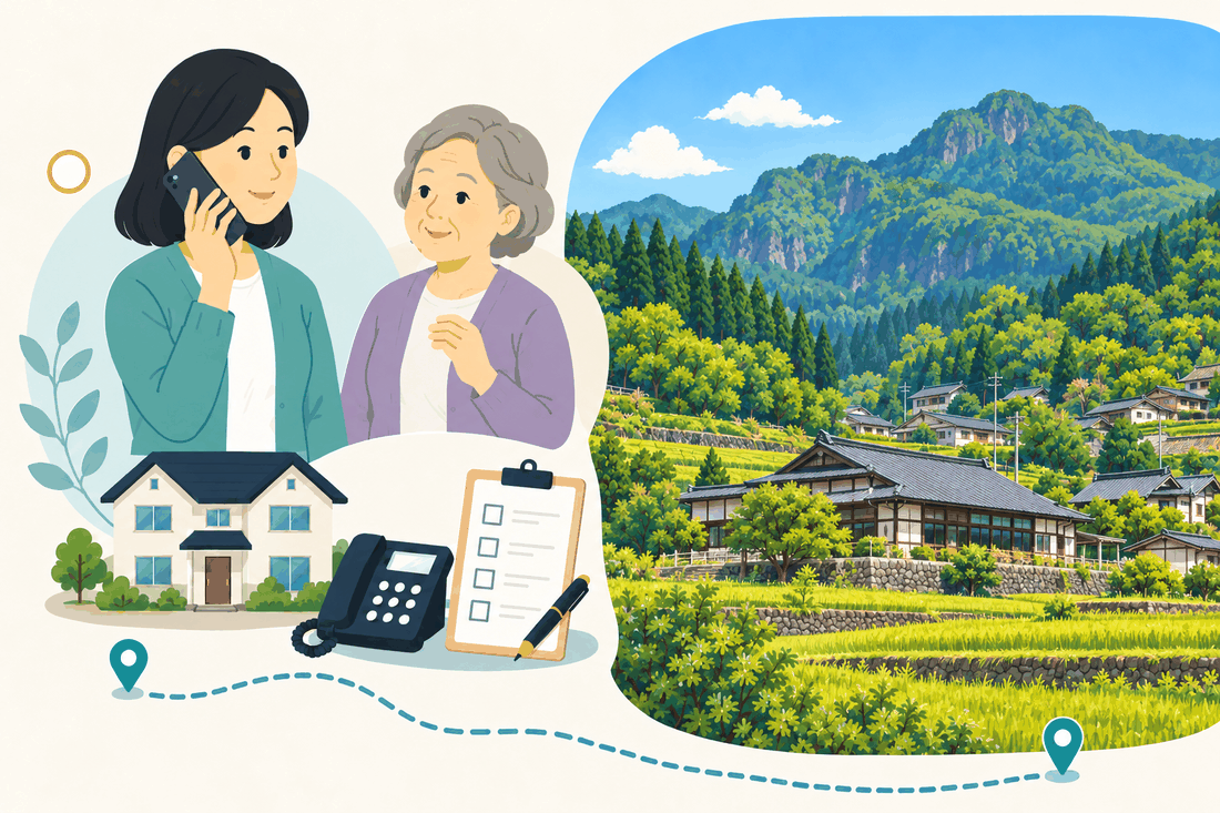 電話で相談する家族と親、住まい・固定電話・確認表と、岩肌の見える山を背に、段々の田んぼと古い家々が広がる山あいの集落の景色を描いた案内イラスト