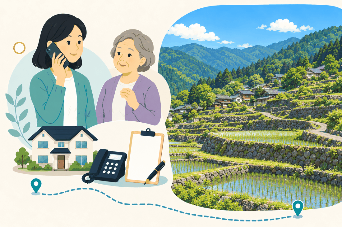 電話で相談する家族と親、住まい・固定電話・確認表と、石垣で支えられた棚田と山あいの家々が広がる山里の景色を描いた案内イラスト