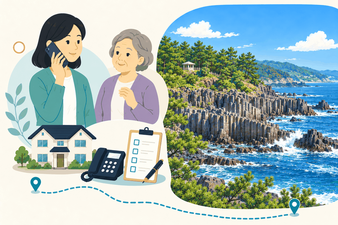 電話で相談する家族と親、住まい・固定電話・確認表と、松の茂る岬の柱状の断崖と青い海(馬ヶ背)を描いた案内イラスト
