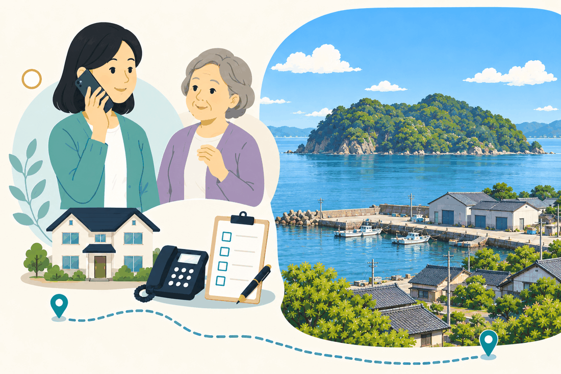 電話で相談する家族と親、住まい・固定電話・確認表と、門川湾に浮かぶ緑の島（枇榔島）、港の倉庫と漁船、瓦屋根の家並みを描いた案内イラスト