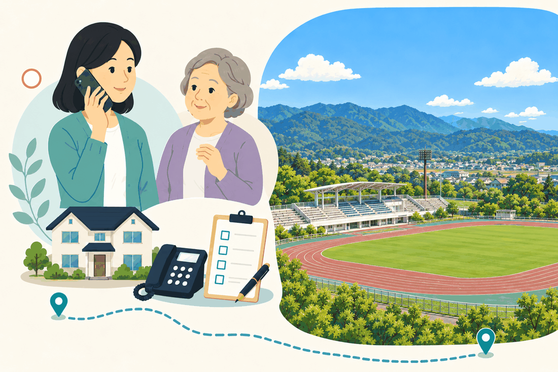 電話で相談する家族と親、住まい・固定電話・確認表と、山並みを背にした陸上競技場と町並みを描いた案内イラスト