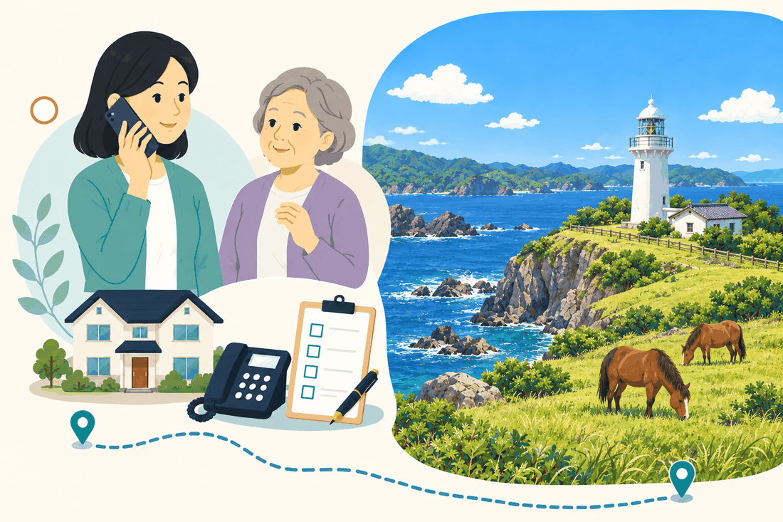 電話で相談する家族と親、住まい・固定電話・確認表と、青い海に面した岬の草地で馬が草を食む白い灯台のある風景を描いた案内イラスト