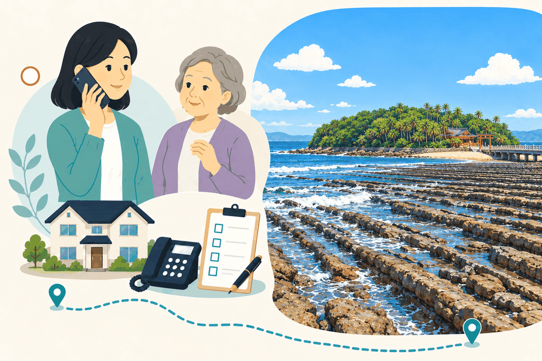 電話で相談する家族と親、住まい・固定電話・確認表と、ヤシの木が茂る小さな島と鳥居、波に洗われる縞状の岩場を描いた案内イラスト