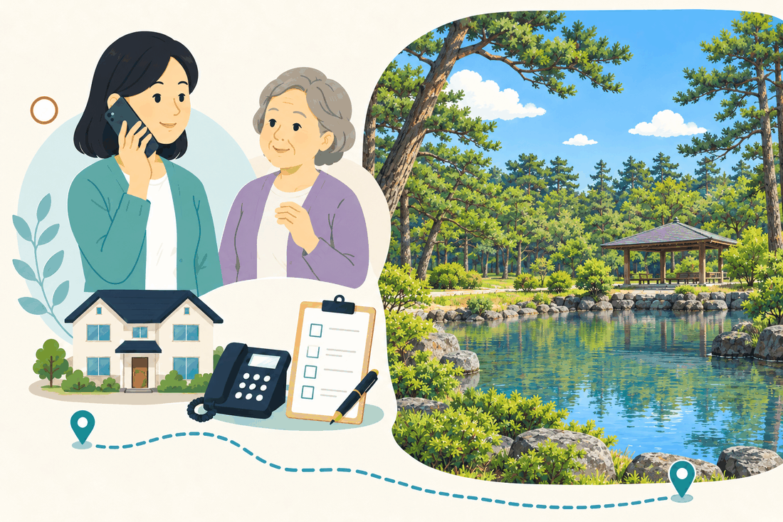 電話で相談する家族と親、住まい・固定電話・確認表と、松林に囲まれた池と岩の岸辺、東屋を描いた案内イラスト