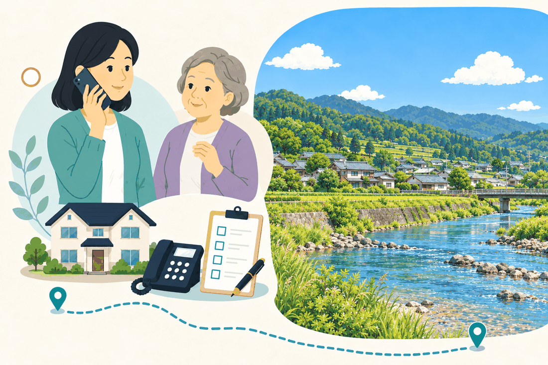 電話で相談する家族と親、住まい・固定電話・確認表と、川の流れる谷あいの集落と橋、遠くの山並みを描いた案内イラスト