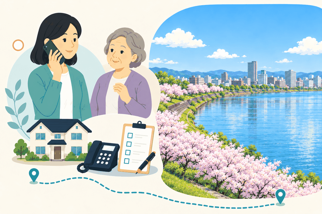 電話で相談する家族と親、住まい・固定電話・確認表と、川ぞいに満開の桜が並ぶ堤防と、対岸のビルが並ぶ市街地を描いた案内イラスト