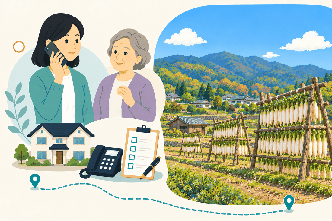 電話で相談する家族と親、住まい・固定電話・確認表と、大根を干す木組みの干し台が並ぶ畑と、山すその農家を描いた案内イラスト