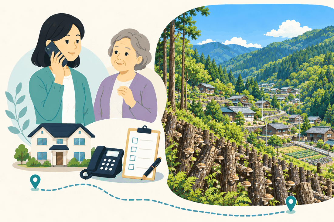 電話で相談する家族と親、住まい・固定電話・確認表と、杉の高木と山の斜面に家々が点在する集落、しいたけが生えた原木の山を描いた案内イラスト