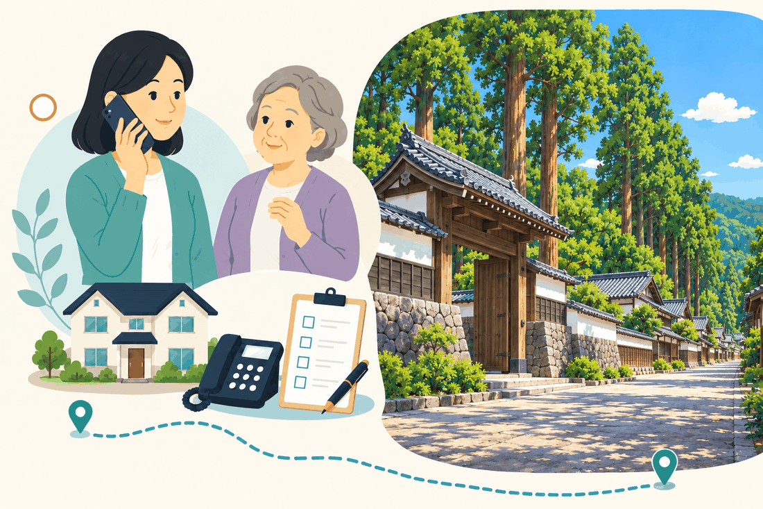 電話で相談する家族と親、住まい・固定電話・確認表と、背の高い杉の木立の下に、木の門と白壁の塀、石垣、石畳の道が続く城下町の通りを描いた案内イラスト