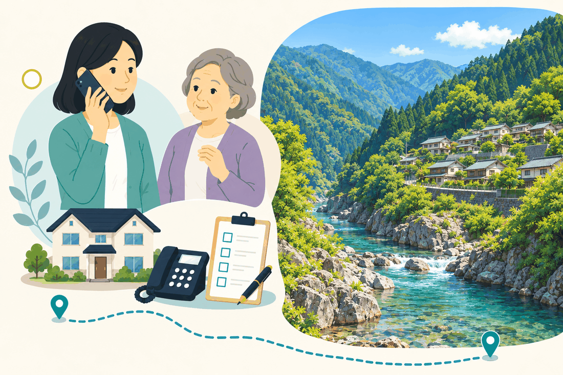 電話で相談する家族と親、住まい・固定電話・確認表と、緑の山あいを流れる清流と、斜面に並ぶ家々を描いた案内イラスト