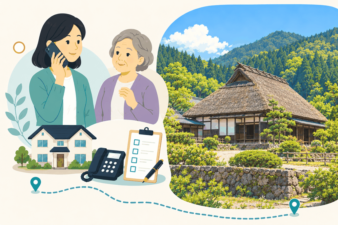 電話で相談する家族と親、住まい・固定電話・確認表と、緑の山に囲まれた茅葺きの古民家と石垣を描いた案内イラスト