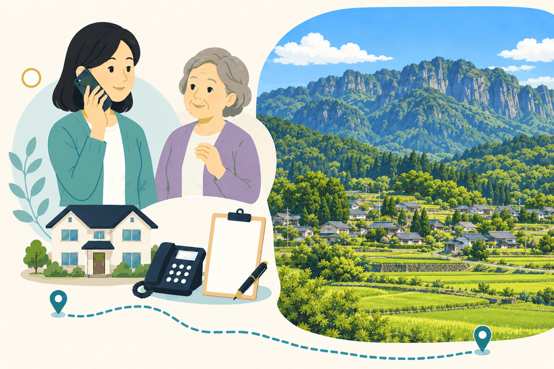 電話で相談する家族と親、住まい・固定電話・確認表と、ぎざぎざの岩山を背に家々と田んぼが広がる農村の景色を描いた案内イラスト
