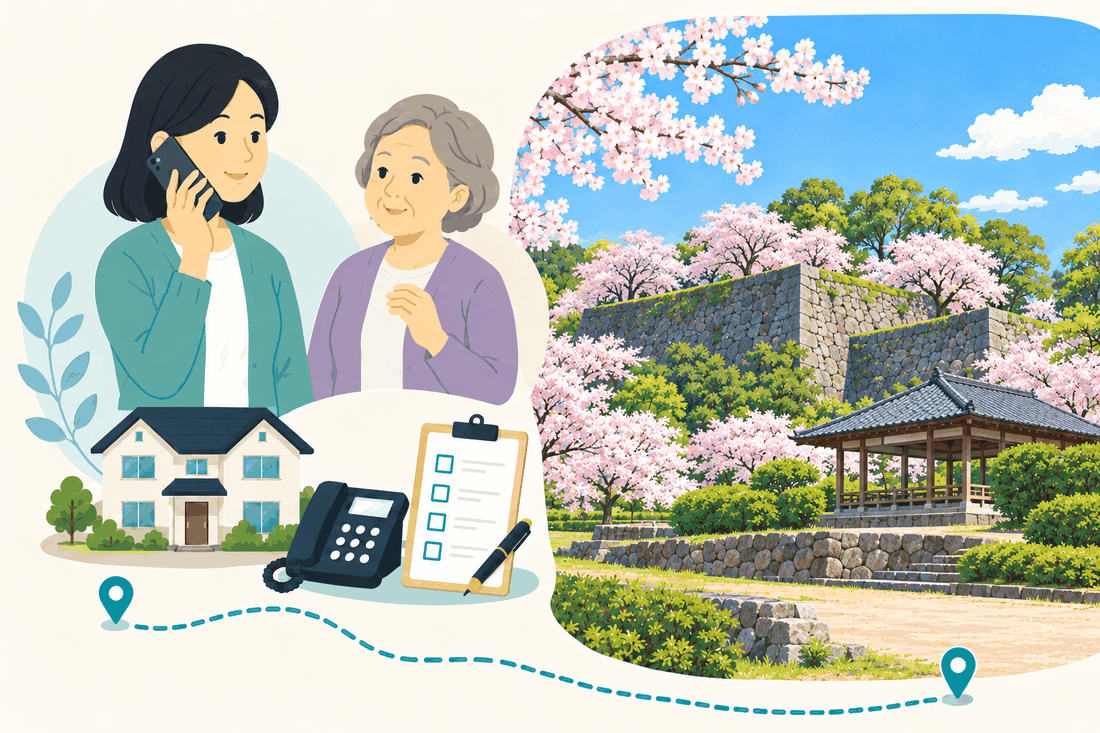 電話で相談する家族と親、住まい・固定電話・確認表と、桜が咲く城跡の石垣と東屋を描いた案内イラスト