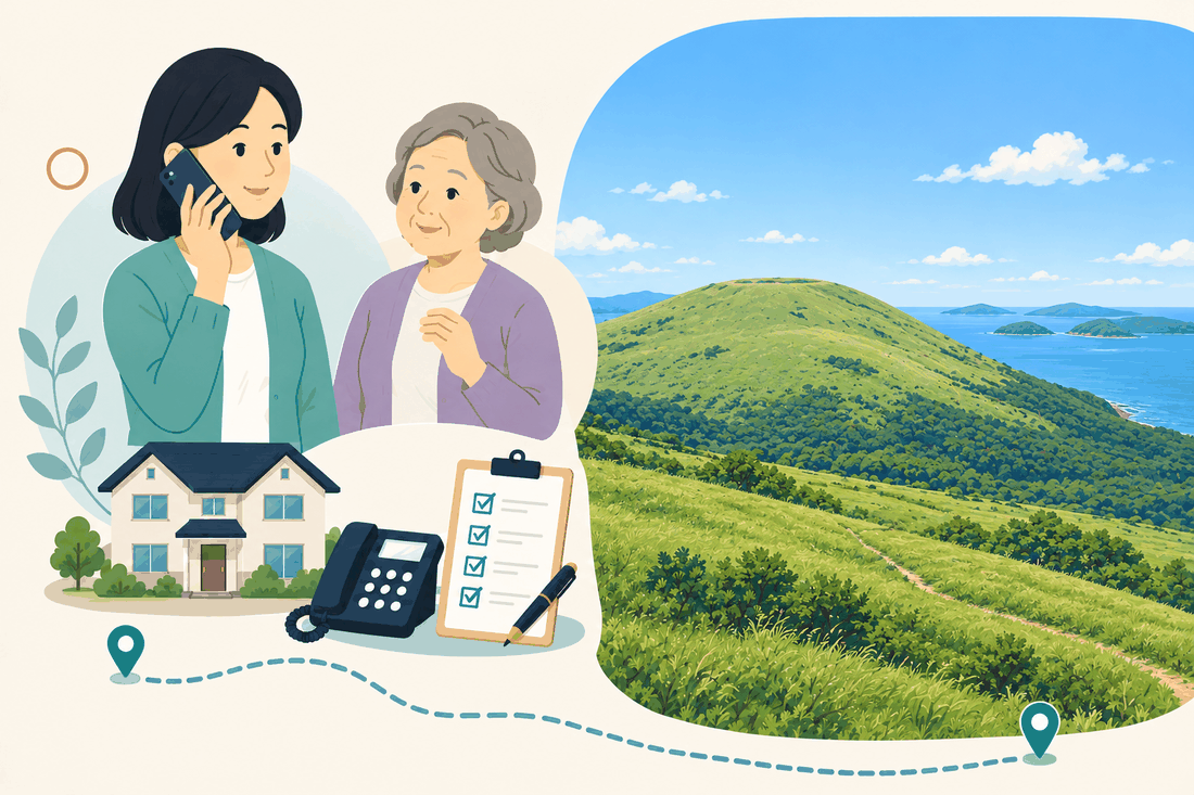 電話で相談する家族と親、住まい・固定電話・確認表、青い海と島々を望む緑の草原の山を描いた案内イラスト