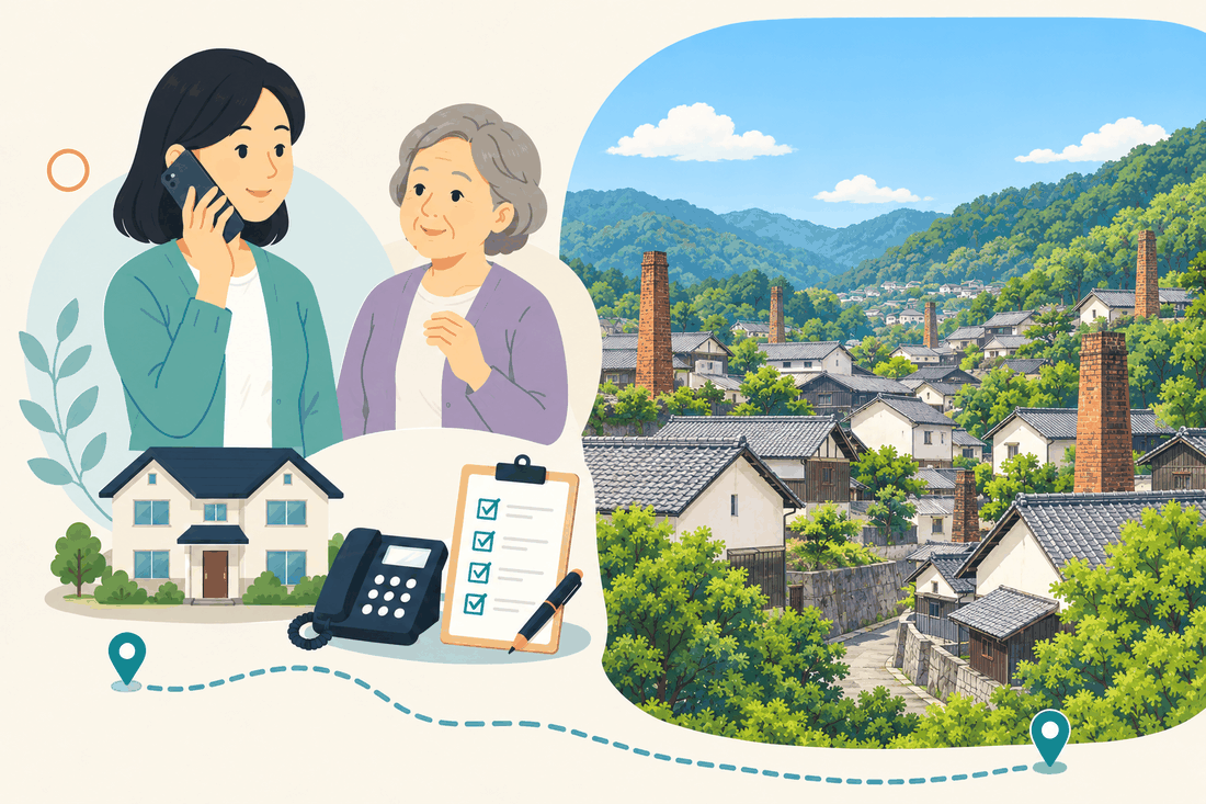 電話で相談する家族と親、住まい・固定電話・確認表、赤れんがの煙突と瓦屋根の窯元の町並みを描いた案内イラスト